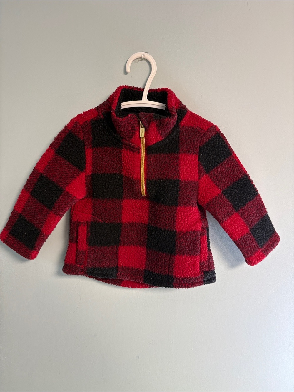 Old Navy Red & Black Buffalo Check Sherpa 1/4 Zip Pullover, Baby Boy 12-18months